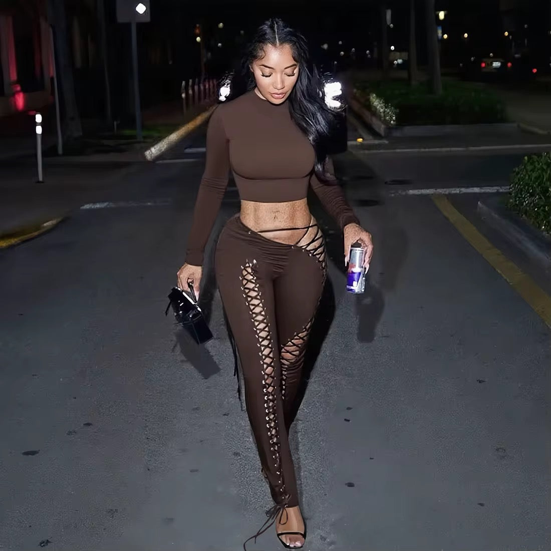 Tie Up Leggings Set (BROWN)
